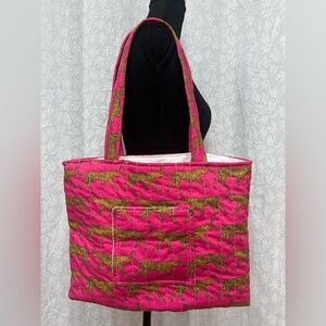 Handmade Quilted Pink Leopard Print Tote Bag with Front Pocket 11x16”